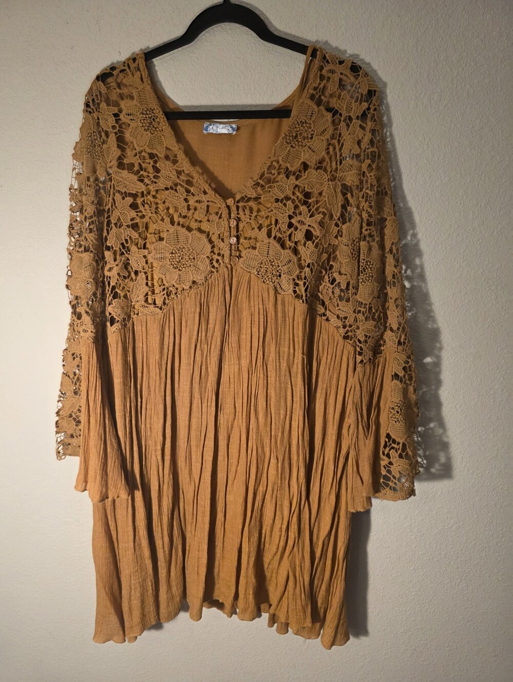 Boho Crochet Yoke Tunic Dress in Mustard